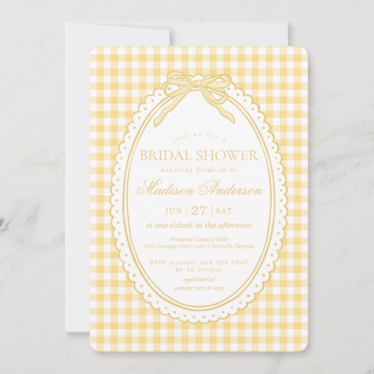 Yellow Gingham Coquette Bow Bridal Shower 招待状 (正面)
