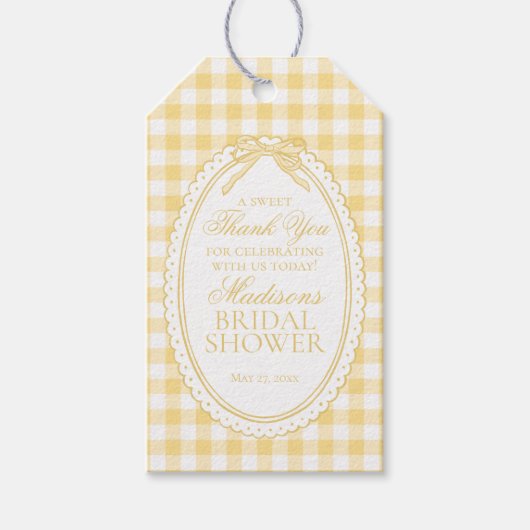 Yellow Gingham Coquette Bow Bridal Shower Favors ギフトタグ (正面)
