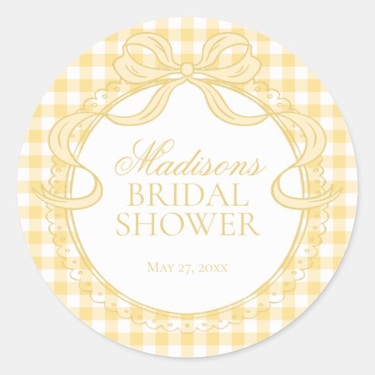 Yellow Gingham Coquette Bow Bridal Shower Seal ラウンドシール (正面)