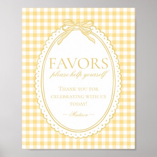 Yellow Gingham Coquette Bow Favors Sign ポスター (正面)