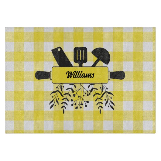 Yellow Gingham Gourmet Glass Cutting Board カッティングボード (正面)