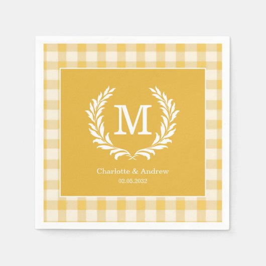 Yellow Gingham Monogram Crest Custom スタンダードカクテルナプキン (正面)