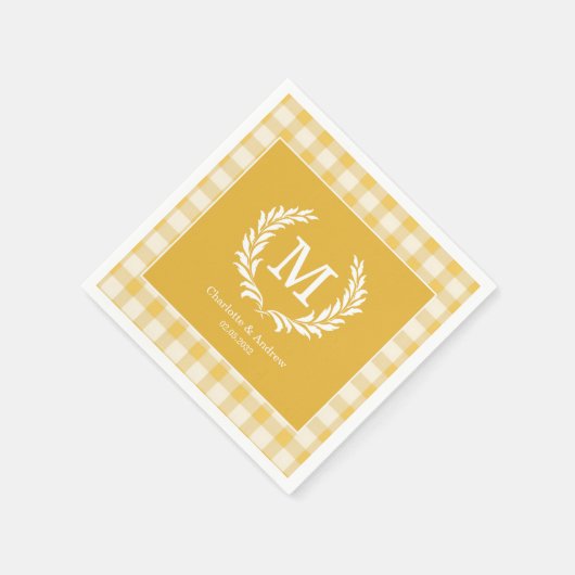 Yellow Gingham Monogram Crest Custom スタンダードカクテルナプキン (角)