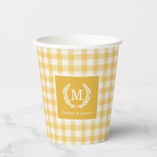 Yellow Gingham Monogram Crest Custom 紙コップ (正面)