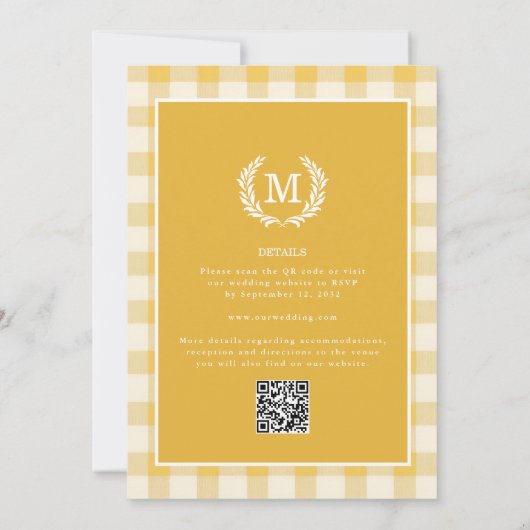 Yellow Gingham Monogram Crest QR Code 招待状 (裏面)