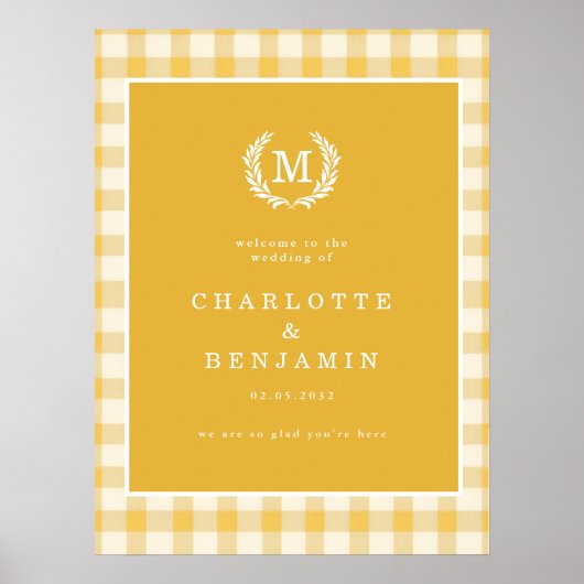 Yellow Gingham Monogram Crest Wedding Welcome ポスター (正面)