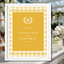 Yellow Gingham Monogram Crest Wedding Welcome ポスター