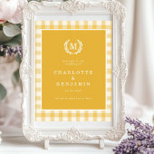 Yellow Gingham Monogram Crest Wedding Welcome ポスター