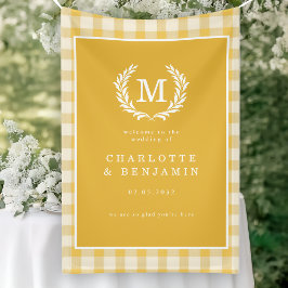 Yellow Gingham Monogram Crest Wedding Welcome 横断幕