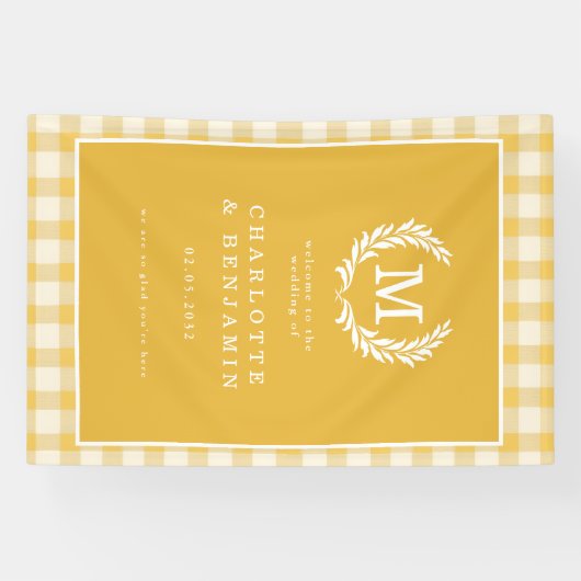 Yellow Gingham Monogram Crest Wedding Welcome 横断幕 (横)