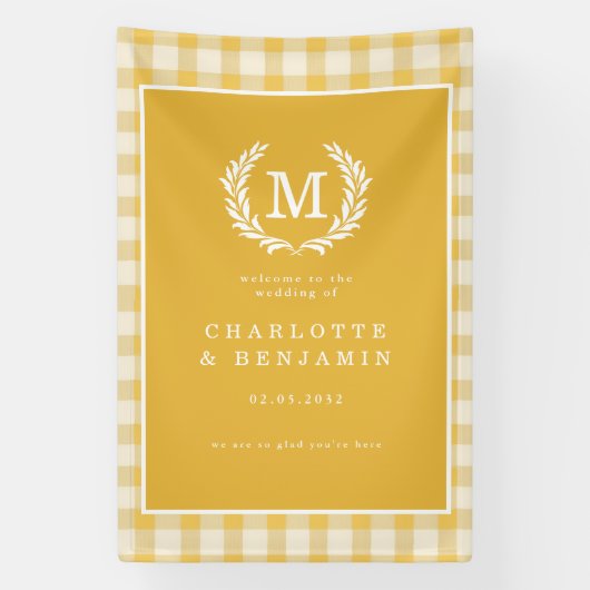 Yellow Gingham Monogram Crest Wedding Welcome 横断幕 (縦)