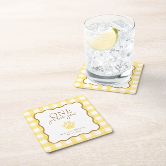 Yellow Gingham One Golden Year First Birthday スクエアペーパーコースター (インサイチュ)