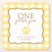 Yellow Gingham One Golden Year First Birthday スクエアペーパーコースター (正面)
