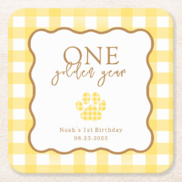 Yellow Gingham One Golden Year First Birthday スクエアペーパーコースター