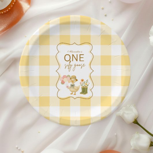  Yellow Gingham Silly Goose 1st Birthday ペーパープレート