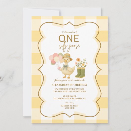  Yellow Gingham Silly Goose 1st Birthday 招待状 (正面)