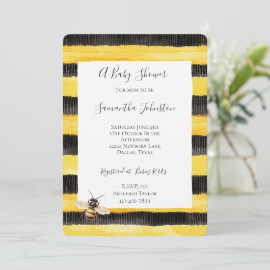 Yellow Gold Black Stripes Honey Bee Baby Shower 招待状 (スタンド正面)