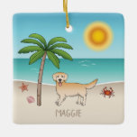Yellow Golden Retriever At A Tropical Summer Beach セラミックオーナメント<br><div class="desc">Destei's original cartoon illustration of a cute yellow coat color Golden Retriever breed dog standing in a tropical summer beach scene. On the beige color sand there is a palm tree, a pink seashell together with a starfish and a red crab. The water is turquoise blue with some waves and...</div>