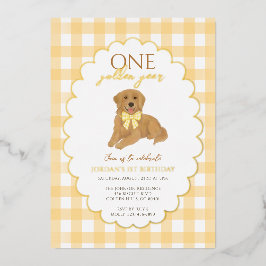 Yellow Golden Retriever Puppy Pawty 1st Birthday 箔招待状