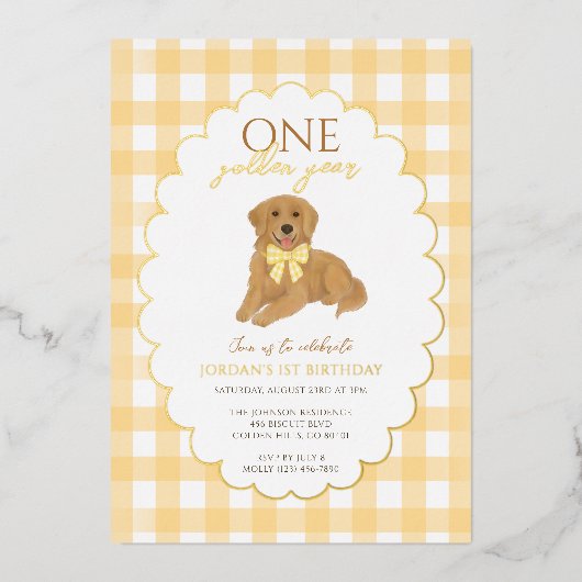 Yellow Golden Retriever Puppy Pawty 1st Birthday 箔招待状 (正面)