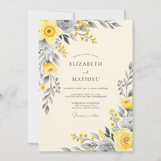Yellow Graceful Botanical Wedding 招待状 (正面)
