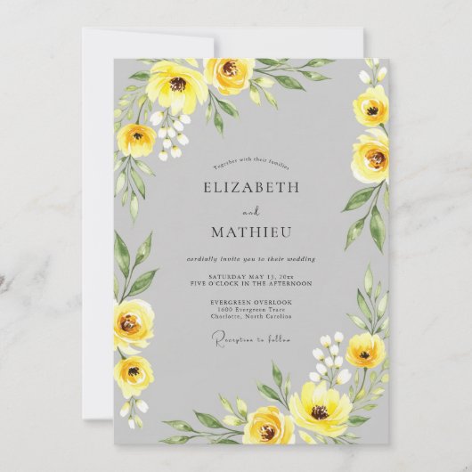 Yellow Gray Sophisticated Botanical Wedding 招待状 (正面)