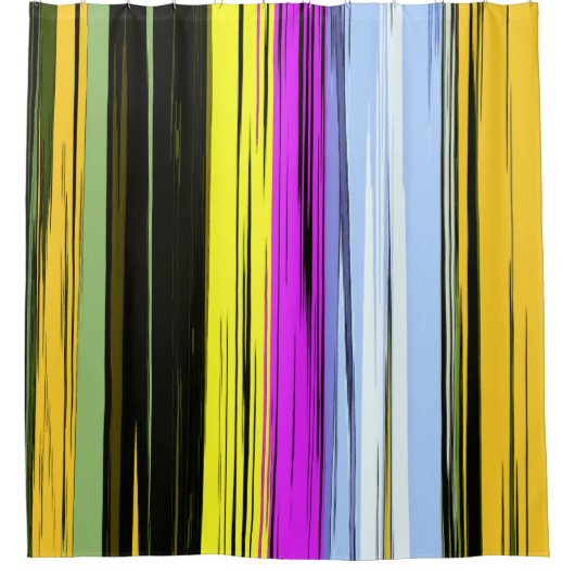 Yellow Green Blue Purple Black Vertical Stripes シャワーカーテン (正面)