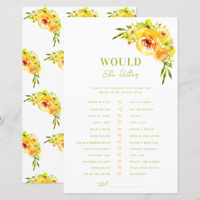 Yellow Green Bridal Shower Would She Rather Game (正面/裏面)