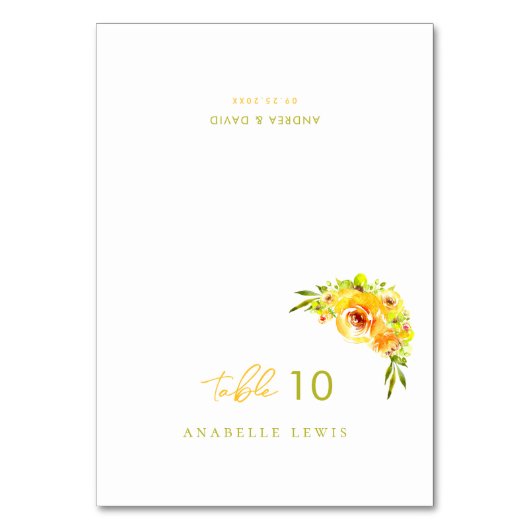 Yellow Green Floral Guest Name Wedding Place Card テーブルナンバー (正面)