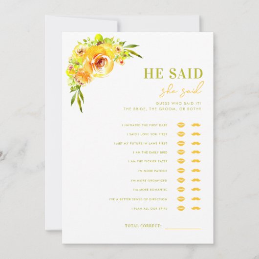 Yellow Green He Said She Said Bridal Shower Game 招待状 (正面)