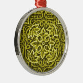 Yellow Green Patchwork Fabric Texture メタルオーナメント (右)