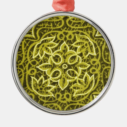 Yellow Green Patchwork Fabric Texture メタルオーナメント (正面)