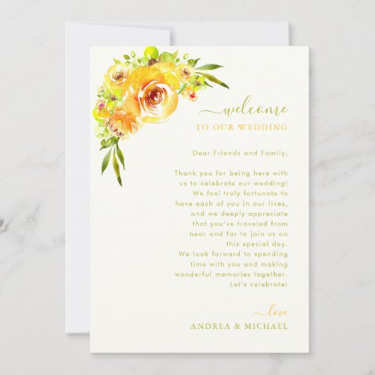 Yellow Green Wedding Welcome Letter Itinerary Card 招待状 (正面)