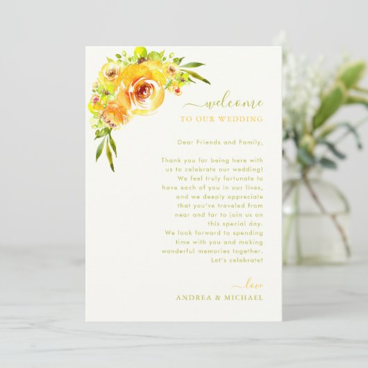 Yellow Green Wedding Welcome Letter Itinerary Card 招待状 (スタンド正面)