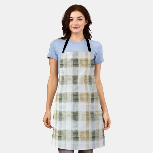 Yellow Green White Plaid Stripes エプロン (着用した状態)