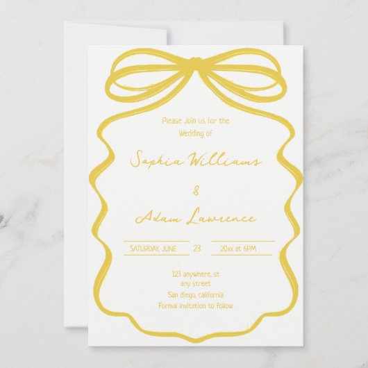 Yellow Hand Written Pinstripes Whimsical Wedding 招待状 (正面)