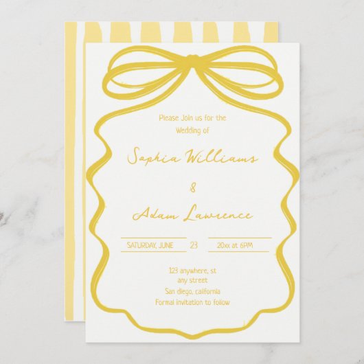 Yellow Hand Written Pinstripes Whimsical Wedding 招待状 (正面/裏面)