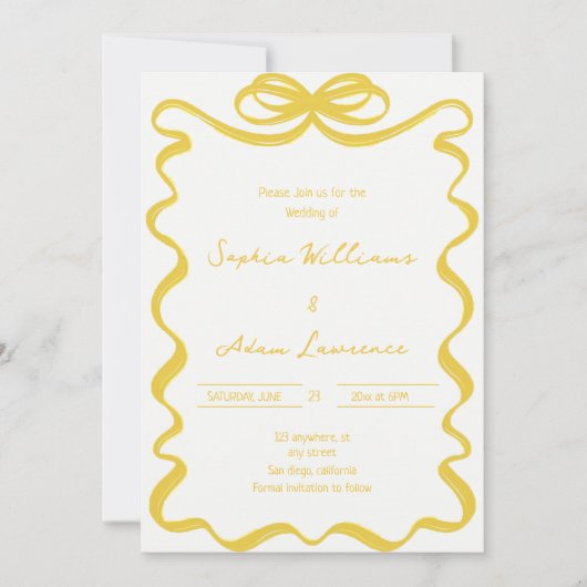 Yellow Hand Written Pinstripes Whimsical Wedding 招待状 (正面)