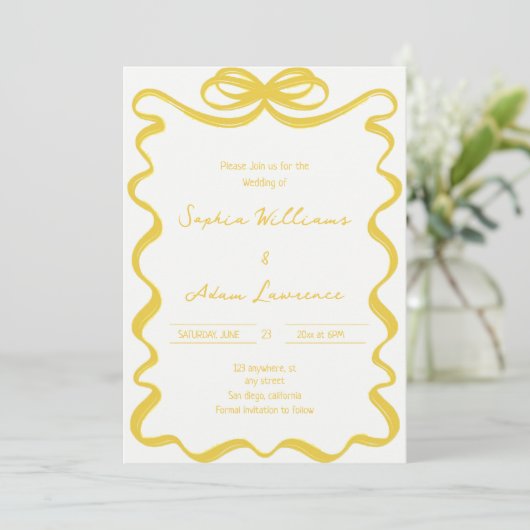 Yellow Hand Written Pinstripes Whimsical Wedding 招待状 (スタンド正面)