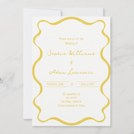 Yellow Hand Written Pinstripes Whimsical Wedding 招待状 (正面)