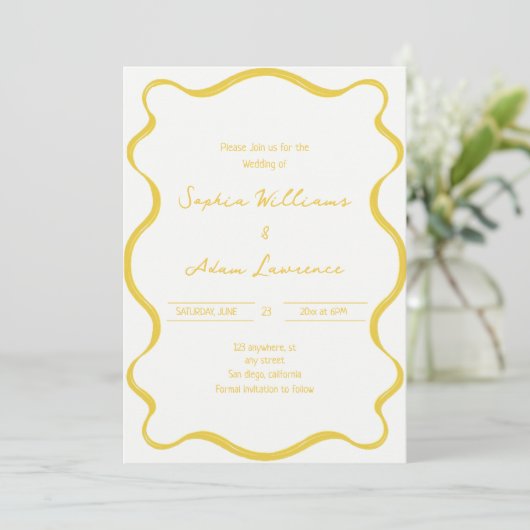 Yellow Hand Written Pinstripes Whimsical Wedding 招待状 (スタンド正面)