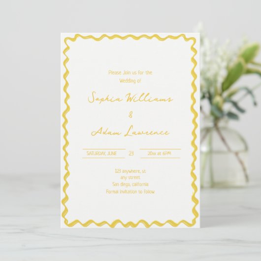 Yellow Hand Written Pinstripes Whimsical Wedding 招待状 (スタンド正面)