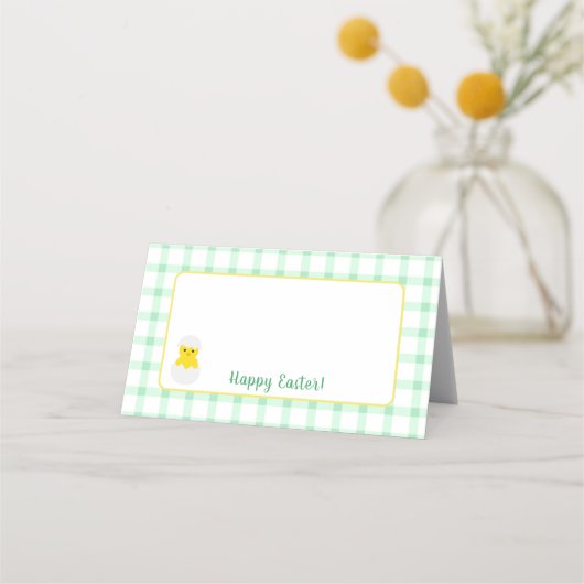 Yellow Happy Spring Chick Easter Green Check プレイスカード (正面)