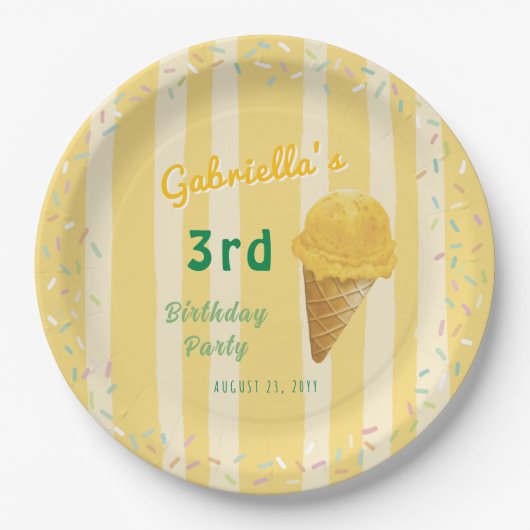 Yellow Ice Cream Sprinkle Summer Birthday Party ペーパープレート (正面)
