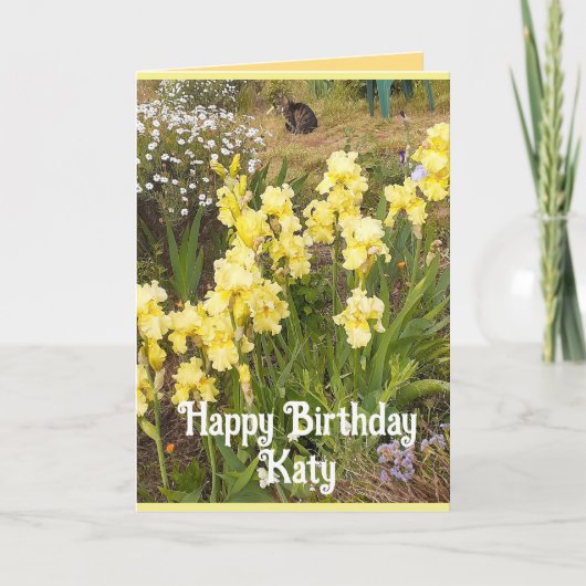 Yellow Iris and Tabby Cat Flowers Birthday Card カード (正面)