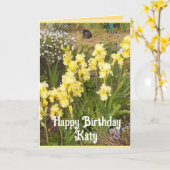 Yellow Iris and Tabby Cat Flowers Birthday Card カード (黄色い花)