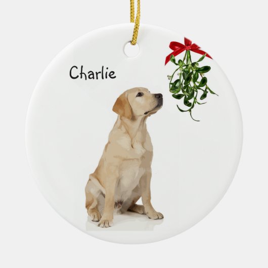 Yellow Lab Mistletoe Christmas Ornament セラミックオーナメント (正面)