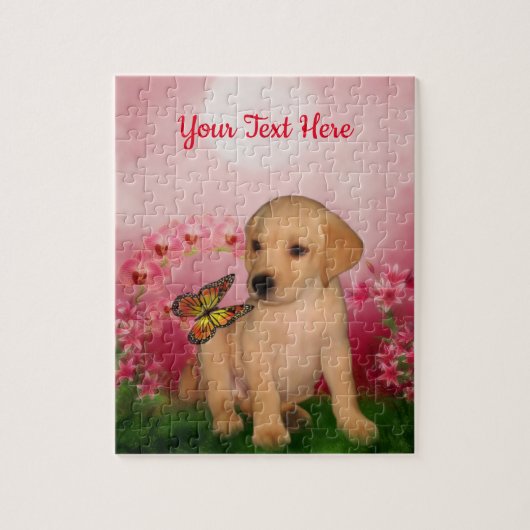 Yellow Lab Puppy Butterfly Flowers Personalized  ジグソーパズル (縦)
