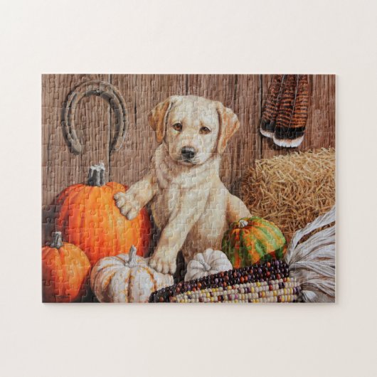 Yellow Labrador Retriever Puppy Dog Pumpkin Autumn ジグソーパズル (横)