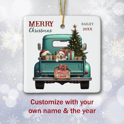 Yellow Labrador Retriever Puppy Truck Christmas セラミックオーナメント